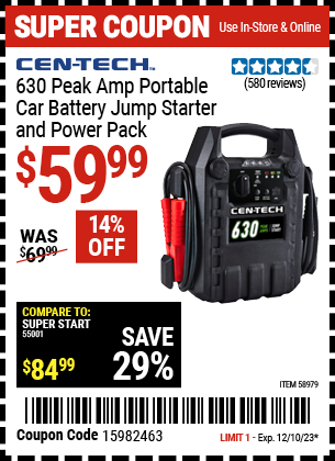 CEN-TECH: 630 Peak Amp Portable Car Battery Jump Starter and Power Pack - coupon