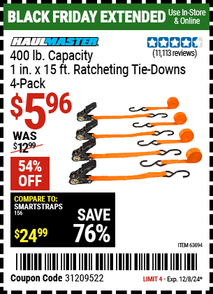 HAUL-MASTER 400 lb. Capacity, 1 in. x 15 ft. Ratcheting Tie Downs, 4-Pack