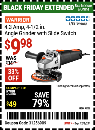 WARRIOR 4.3 Amp, 4-1/2 in. Angle Grinder with Slide Switch