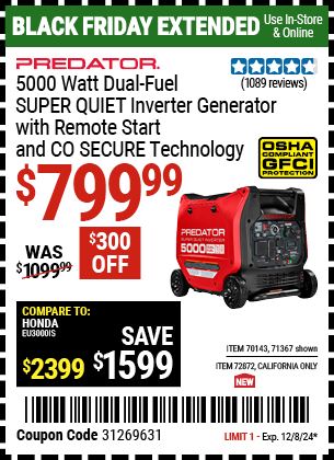 PREDATOR 5000 Watt Dual-Fuel SUPER QUIET Inverter Generator with Remote Start and CO SECURE Technology, EPA