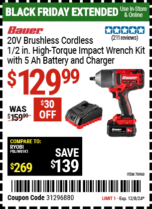 BAUER 20V Brushless Cordless, 1/2 in. High-Torque Impact Wrench Kit with 5 Ah Battery and Charger