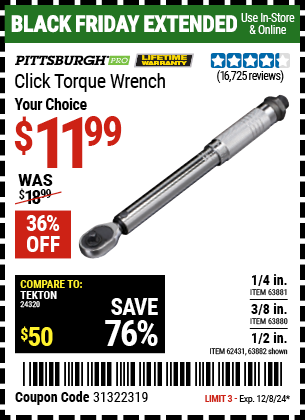 PITTSBURGH PRO 1/4 in. Drive 20-200 in. lb. Click Torque Wrench