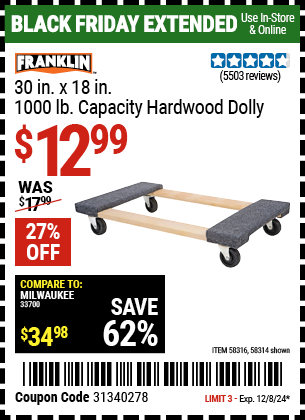 FRANKLIN 30 in. x 18 in. 1000 lb. Capacity Hardwood Dolly