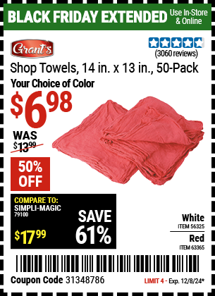 GRANT'S Mechanics Shop Towels 14 in. x 13 in., 50-Pack