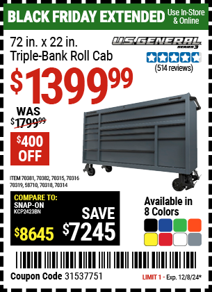 U.S. GENERAL 72 in. x 22 in. Triple-Bank Roll Cab, Series 3