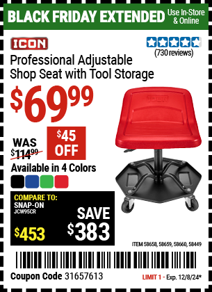 ICON Professional Adjustable Shop Seat with Tool Storage