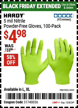 HARDY 5 mil Nitrile Powder-Free Gloves, 100-Pack, Large