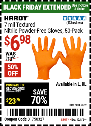 HARDY 7 mil Textured Nitrile Powder-Free Gloves, 50-Pack