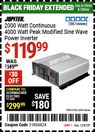 JUPITER 2000 Watt Continuous/4000 Watt Peak Modified Sine Wave Power Inverter