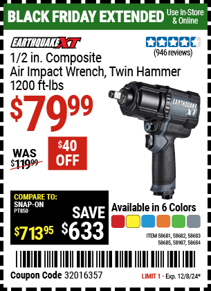 EARTHQUAKE XT 1/2 in. Composite Air Impact Wrench, Twin Hammer, 1200 ft-lbs