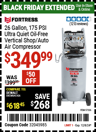 FORTRESS 26 Gallon, 175 PSI Ultra Quiet Oil-Free Vertical Shop/Auto Air Compressor