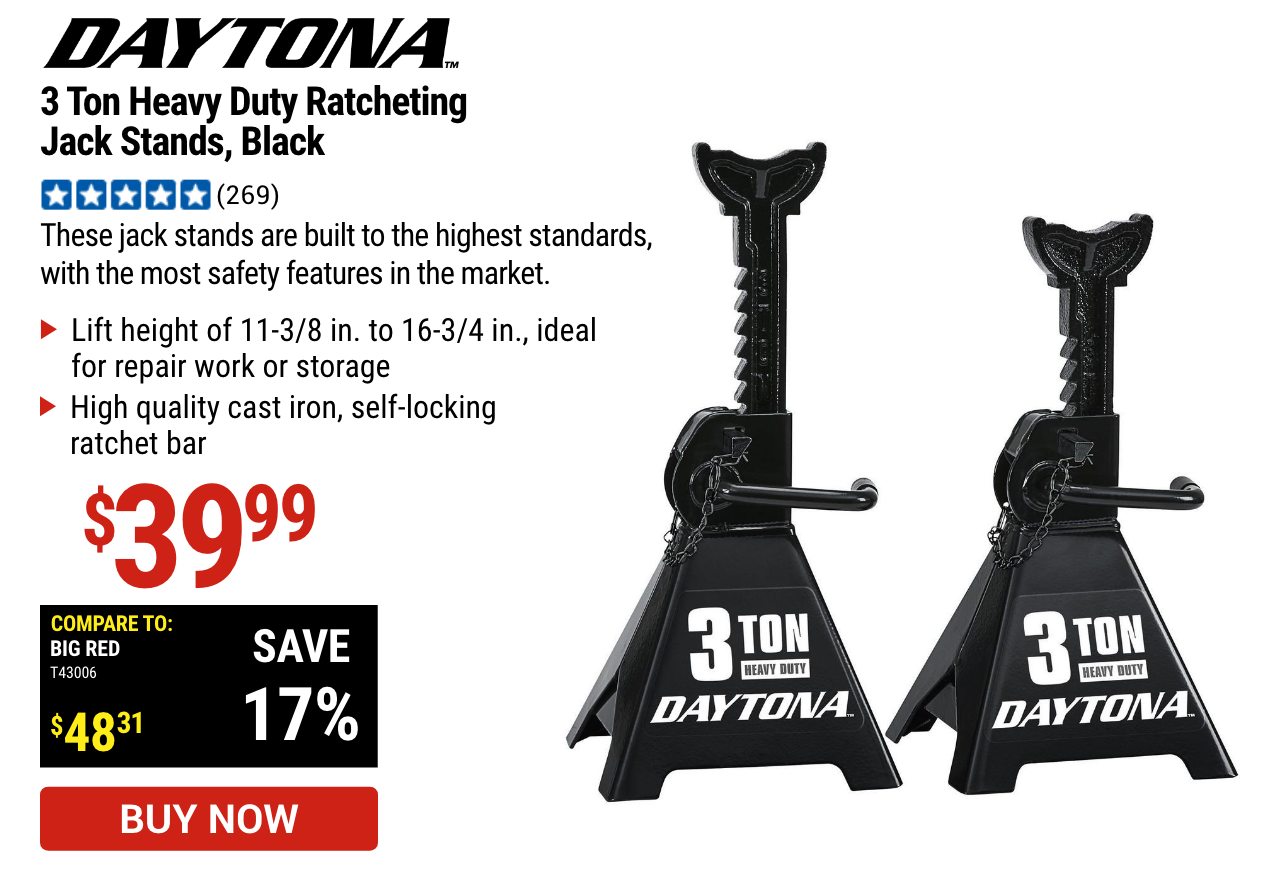 3 Ton
                                      Heavy Duty Ratcheting Jack Stands,
                                      Black