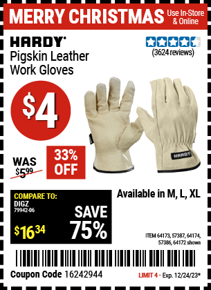 HARDY: Pigskin Leather Work Gloves, Large