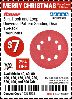 BAUER: 5 in., 220 Grit Hook and Loop Universal Pattern Sanding Discs, 15-Pack