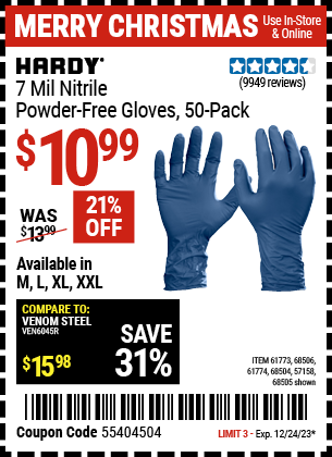 HARDY: 7 mil Nitrile Powder-Free Gloves, 50 Pack, X-Large