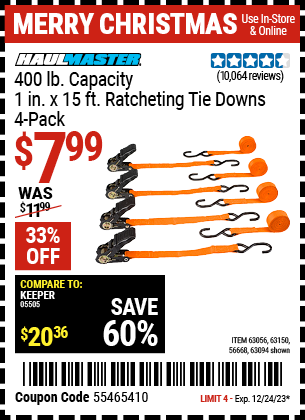 HAUL-MASTER: 400 lb. Capacity, 1 in. x 15 ft. Ratcheting Tie Downs, 4-Pack