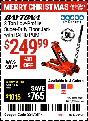 DAYTONA: 3 Ton Low-Profile Super-Duty Floor Jack with RAPID PUMP, Candy Apple Metallic Red