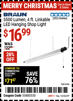 BRAUN: 5500 Lumen, 4 ft. Linkable LED Hanging Shop Light