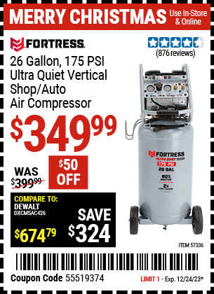 FORTRESS: 26 Gallon 175 PSI Ultra Quiet Vertical Shop/Auto Air Compressor