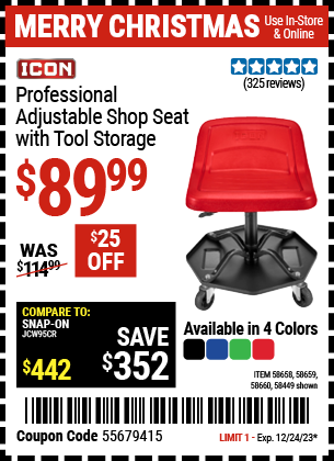 ICON: Professional Adjustable Shop Seat with Tool Storage, Red