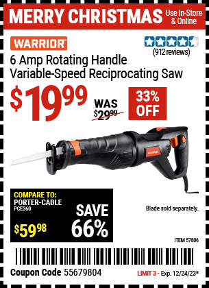 WARRIOR: 6 Amp Rotating Handle Variable Speed Reciprocating Saw