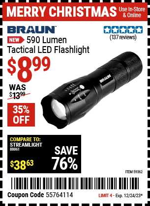 BRAUN: 590 Lumen Tactical LED Flashlight, Black