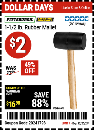 PITTSBURGH 1-1/2 lb. Rubber Mallet