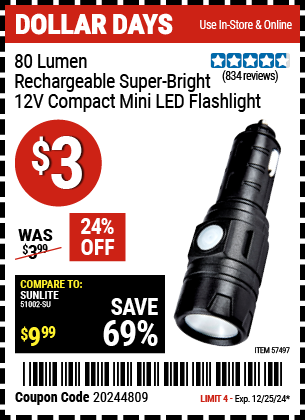 80 Lumen Rechargeable Super Bright 12V Compact Mini LED Flashlight