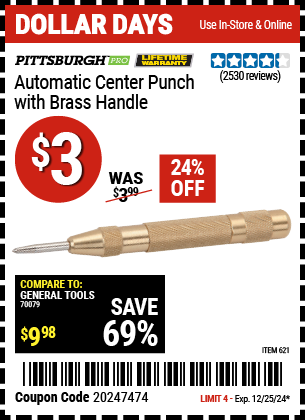 PITTSBURGH PRO Automatic Center Punch with Brass Handle