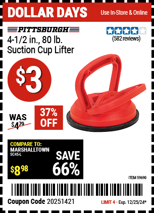 PITTSBURGH 4-1/2 in., 80 lb. Suction Cup Lifter