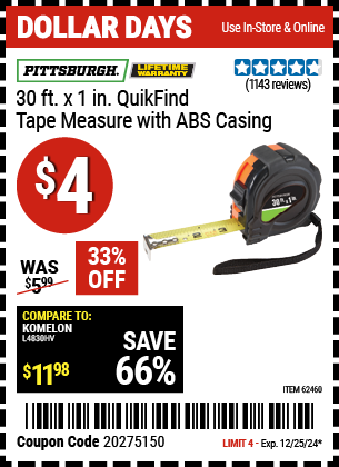 PITTSBURGH 30 ft. x 1 in. QuikFind Tape Measure with ABS Casing