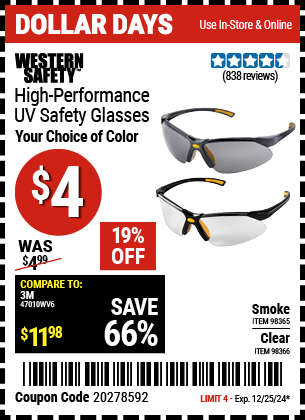 WESTERN SAFETY High Performance UV Safety Glasses with Clear Lenses