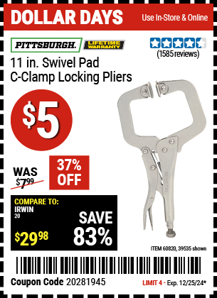 PITTSBURGH 11 in. Swivel Pad C-Clamp Locking Pliers