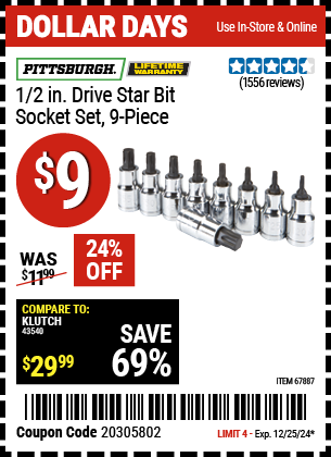 PITTSBURGH 1/2 in. Drive Star Bit Socket Set, 9 Piece