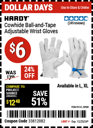 HARDY Cowhide Ball-and-Tape Adjustable Wrist Gloves, Large