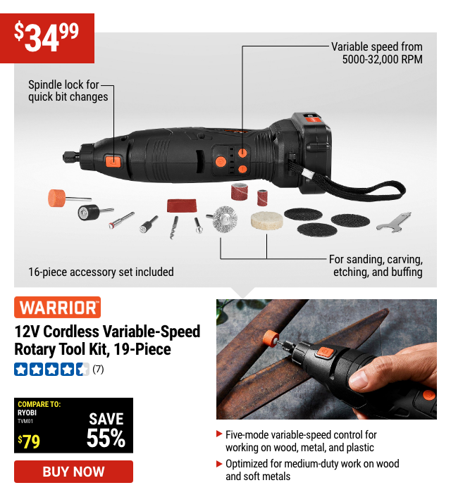 WARRIOR: 12V Cordless Variable-Speed Rotary Tool Kit, 19-Piece