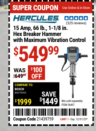 HERCULES: 15 Amp 66 Lb. 1-1/8 in. Hex Breaker Hammer with Maximum Vibration Control