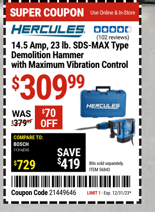 HERCULES: 14.5 Amp 23 lb. SDS-MAX Type Demolition Hammer with Maximum Vibration Control