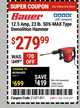 BAUER: 12.5 Amp 23 lb. SDS-MAX Type Demolition Hammer
