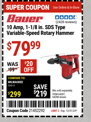 BAUER: 10 Amp, 1-1/8 in. SDS Type Variable-Speed Rotary Hammer