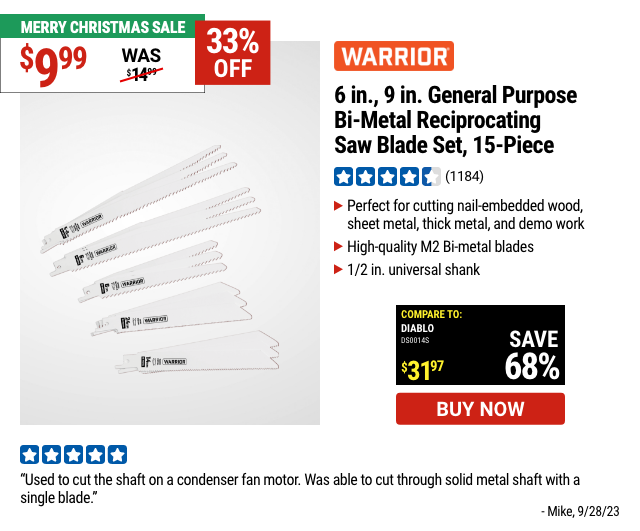 WARRIOR: 6 in., 9 in. General Purpose Bi-Metal Reciprocating Saw Blade Set, 15 Piece