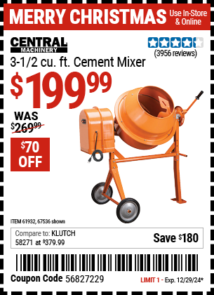 CENTRAL MACHINERY 3-1/2 Cubic Ft. Cement Mixer