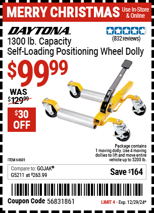 DAYTONA 1300 lb. Capacity Self-Loading Positioning Wheel Dolly