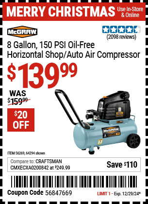 MCGRAW 8 Gallon, 150 PSI Oil-Free Horizontal Shop/Auto Air Compressor