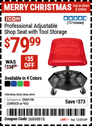 ICON Professional Adjustable Shop Seat with Tool Storage