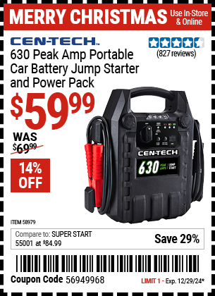 CEN-TECH 630 Peak Amp Portable Car Battery Jump Starter and Power Pack