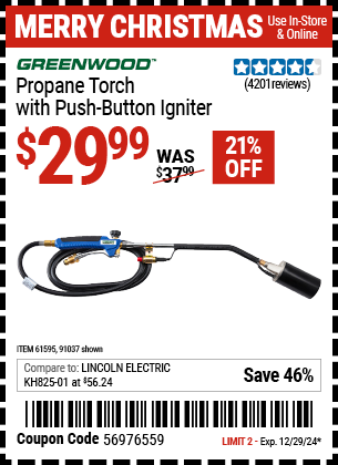 GREENWOOD Propane Torch with Push Button Igniter