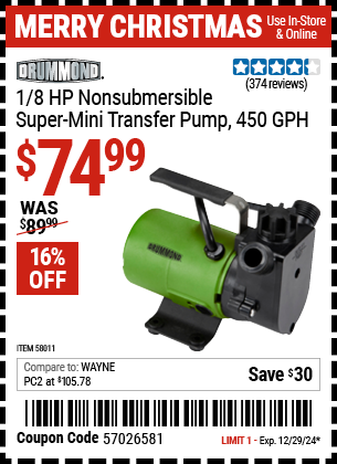 DRUMMOND 1/8 HP Non-Submersible Super Mini Transfer Pump, 450 GPH