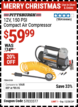 PITTSBURGH AUTOMOTIVE 12V 150 PSI Compact Air Compressor