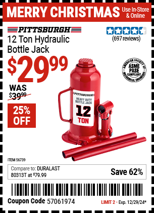 PITTSBURGH 12 Ton Hydraulic Bottle Jack